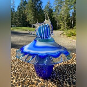 Vintage Blue and White Glass Mushroom Art with Fish Topper (handmade)